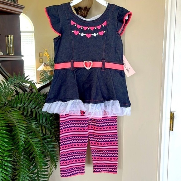 Brand New Little Lass 2-Piece Set Western Cowgirl Heart Ruffle Striped Leggings - Picture 1 of 12